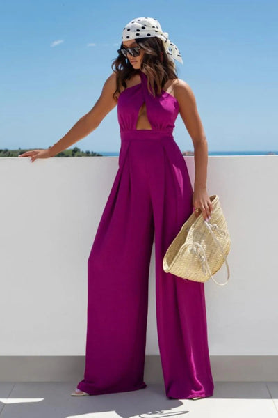 Halter Neck Wide Leg Jumpsuit with Keyhole Detail - Style Chic Couture