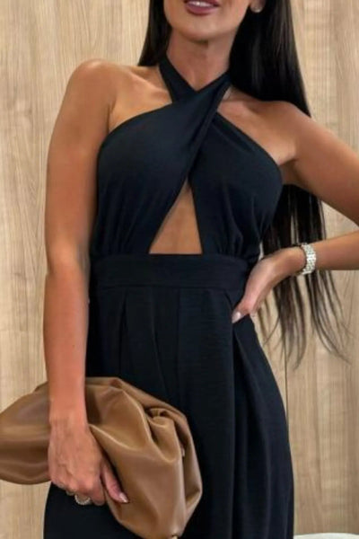 Halter Neck Wide Leg Jumpsuit with Keyhole Detail - Style Chic Couture