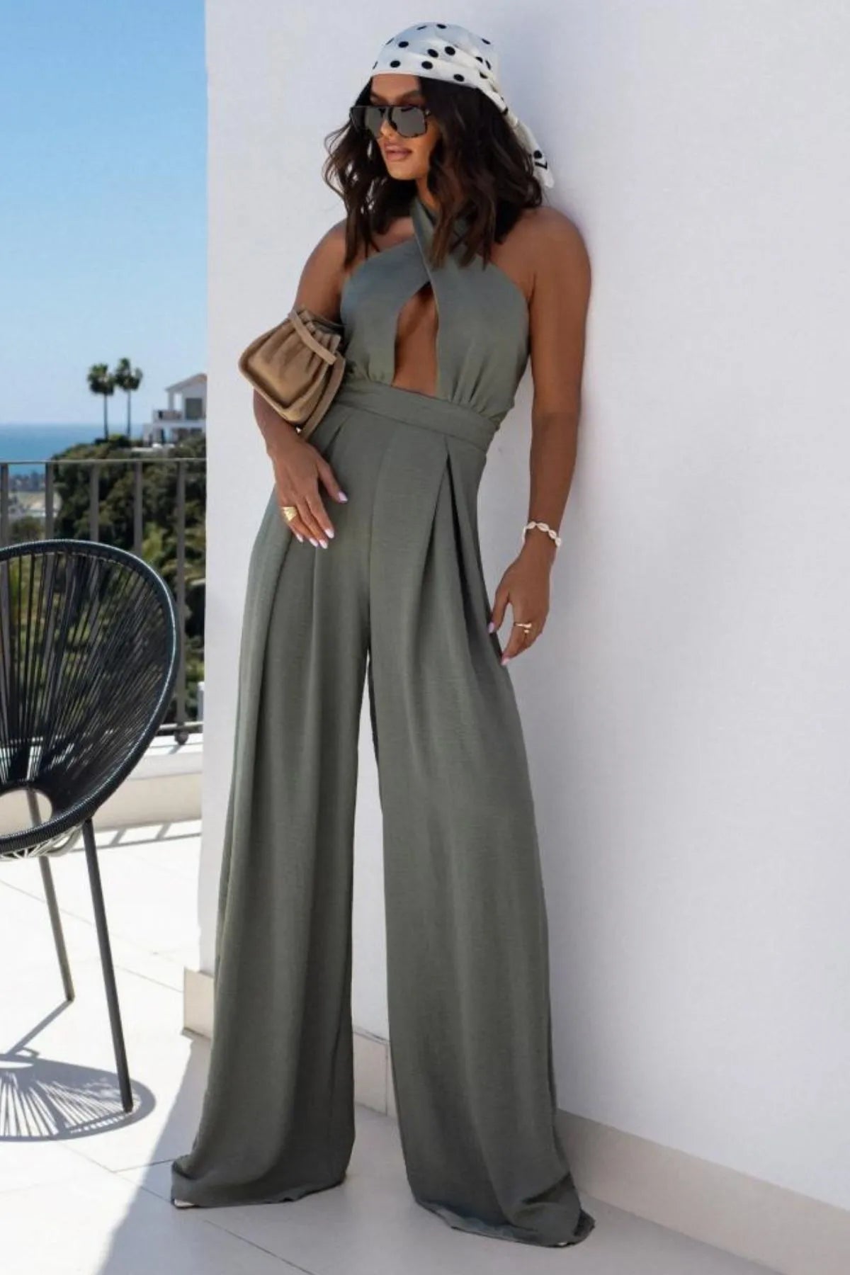 Halter Neck Wide Leg Jumpsuit with Keyhole Detail - Style Chic Couture