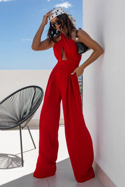 Halter Neck Wide Leg Jumpsuit with Keyhole Detail - Style Chic Couture