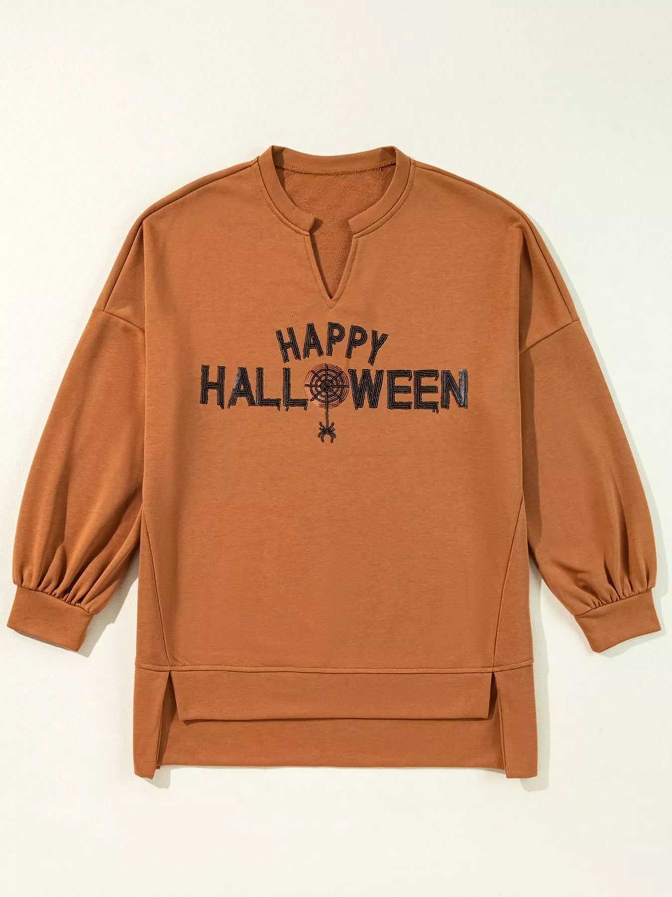Happy Halloween Graphic Notched Long Sleeve Loose Top