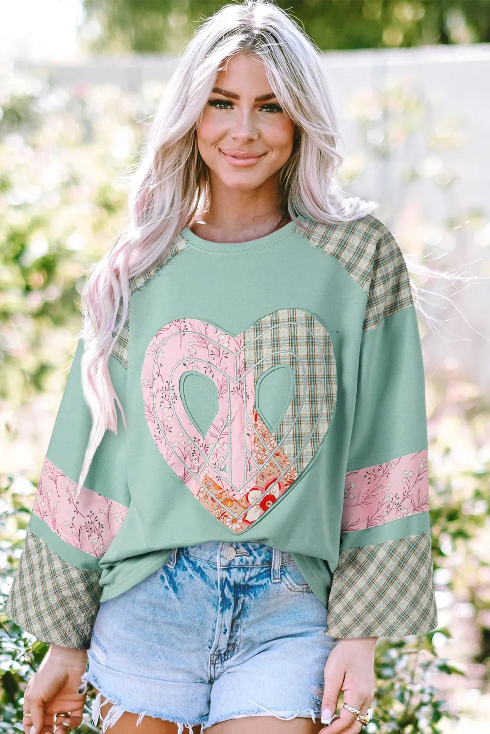 Heart Plaid Round Neck Long Sleeve Blouse - Style Chic Couture