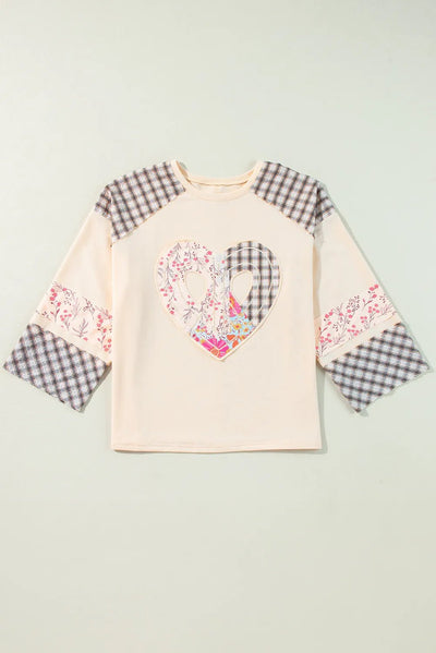 Heart Plaid Round Neck Long Sleeve Blouse - Style Chic Couture