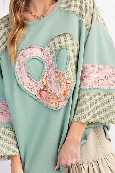 Heart Plaid Round Neck Long Sleeve Blouse - Style Chic Couture