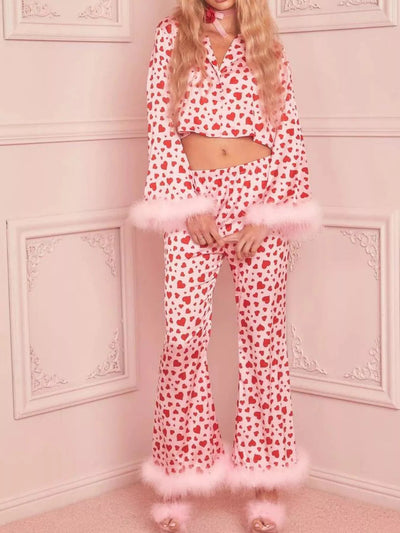 Heart Print Lounge Set - Long Sleeve Top & Pants