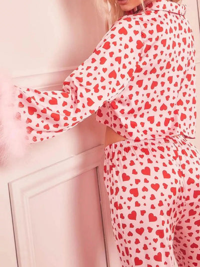 Heart Print Lounge Set - Long Sleeve Top & Pants