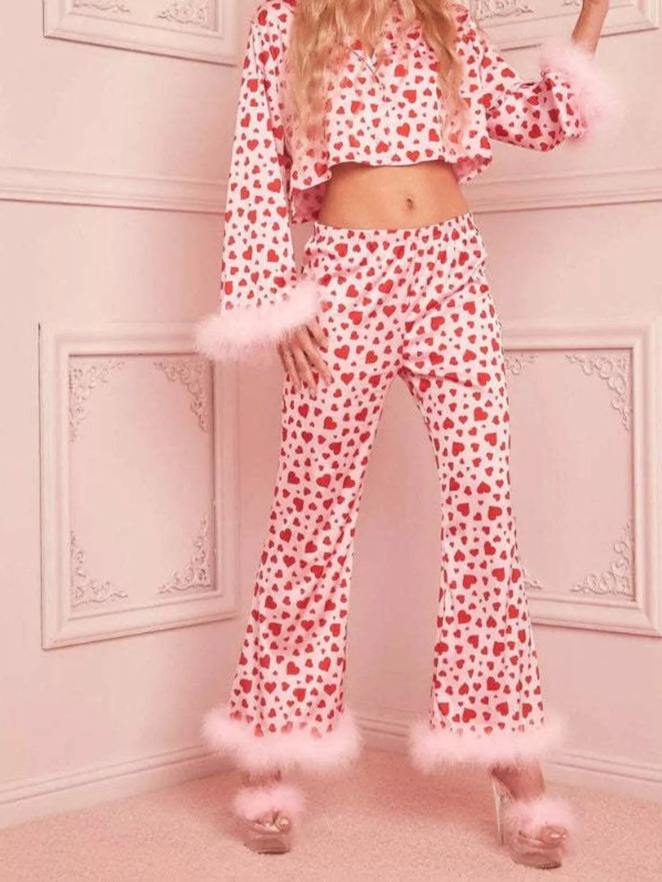 Heart Print Lounge Set - Long Sleeve Top & Pants