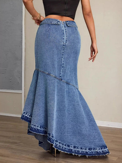 High - Waist Asymmetrical Slit Denim Maxi Mermaid Skirt - Style Chic Couture