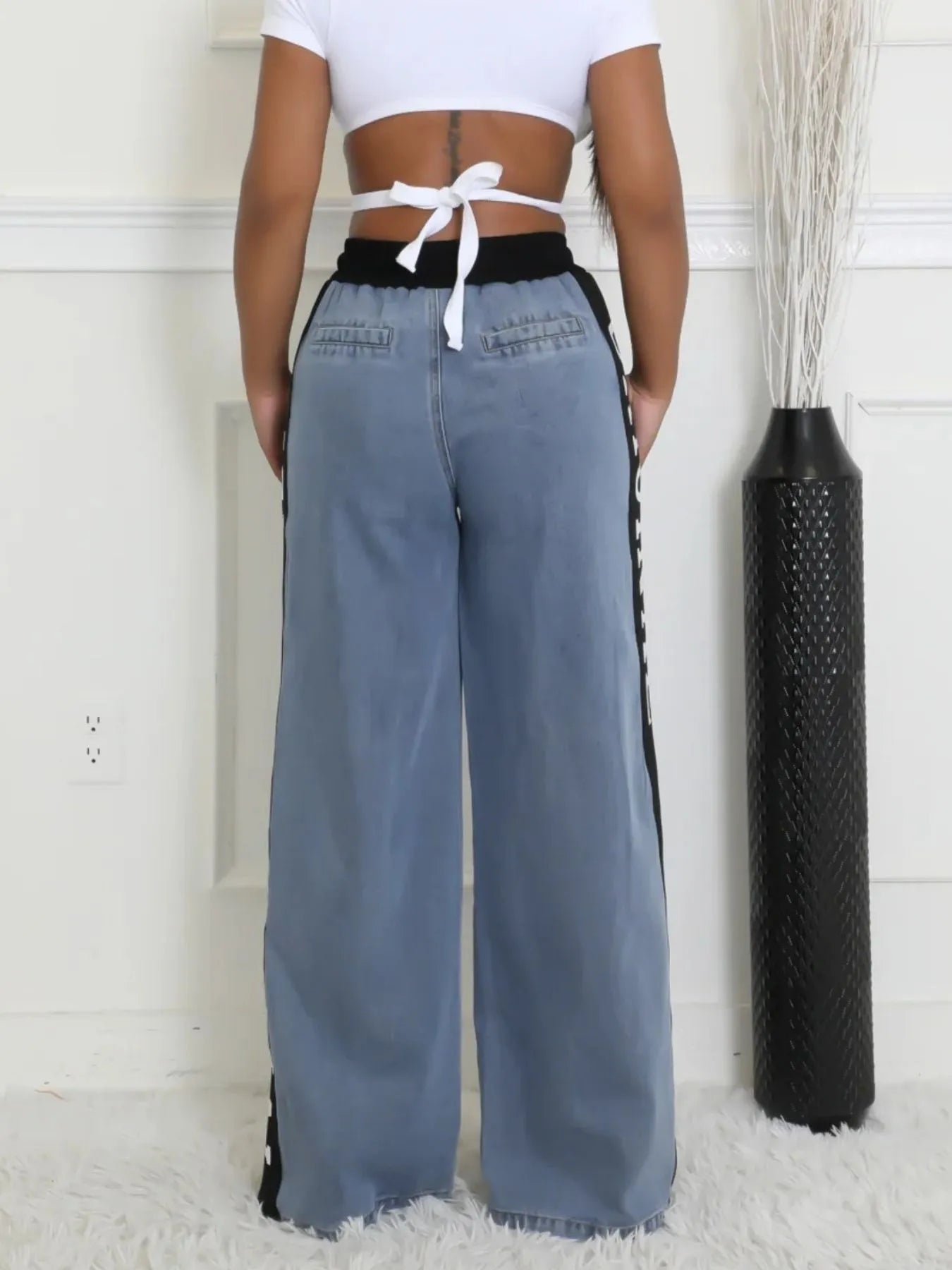 High Waist Wide Leg Denim Jeans with Side Letter Print - Style Chic Couture