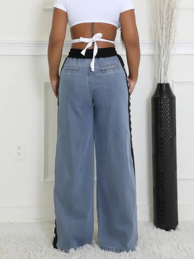 High Waist Wide Leg Denim Jeans with Side Letter Print - Style Chic Couture