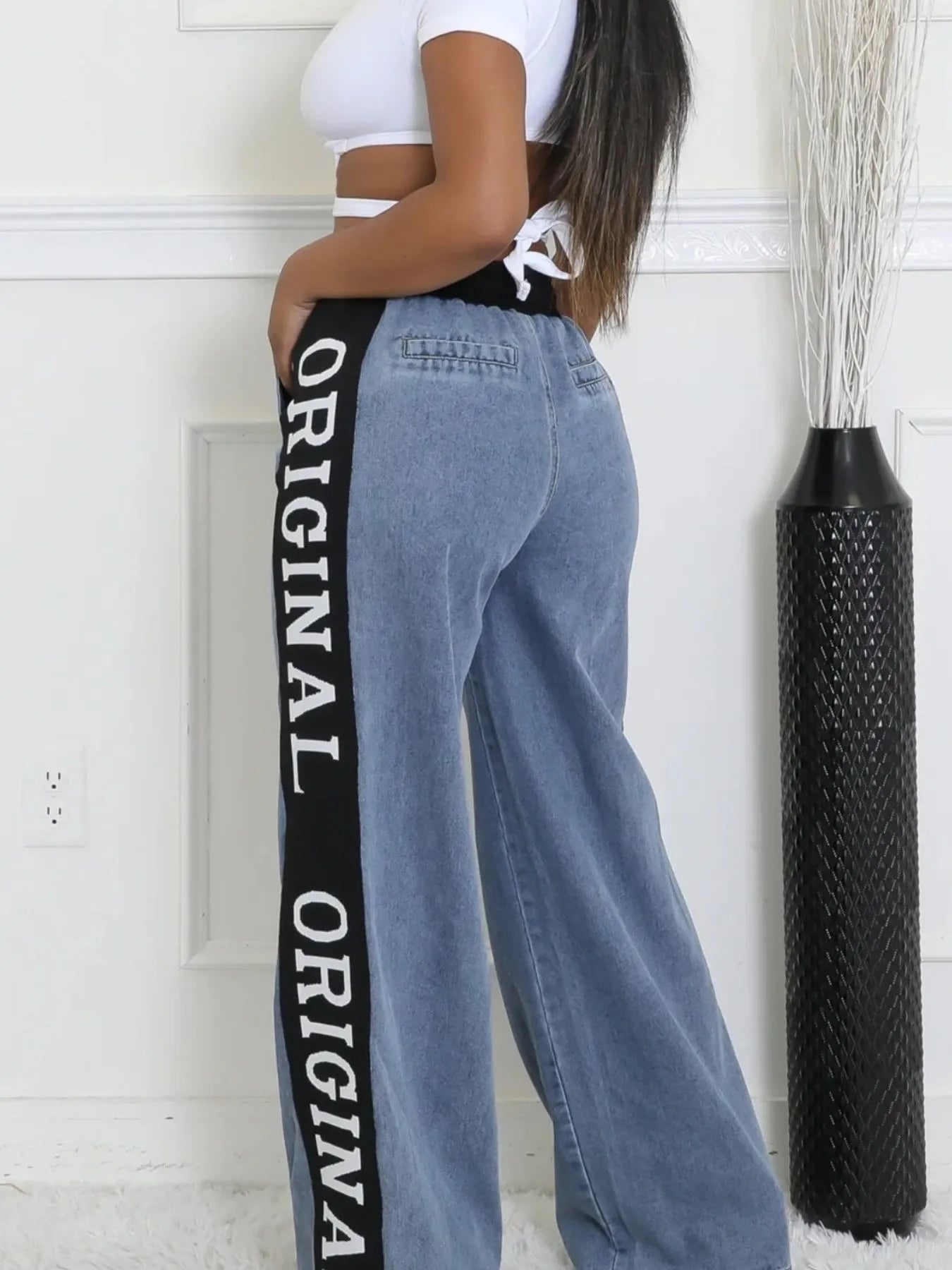 High Waist Wide Leg Denim Jeans with Side Letter Print - Style Chic Couture