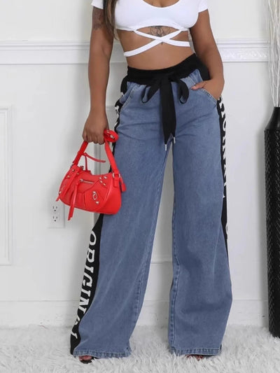 High Waist Wide Leg Denim Jeans with Side Letter Print - Style Chic Couture