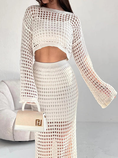 Hollow Out Long Sleeve Top and Skirt Knit Set - Style Chic Couture