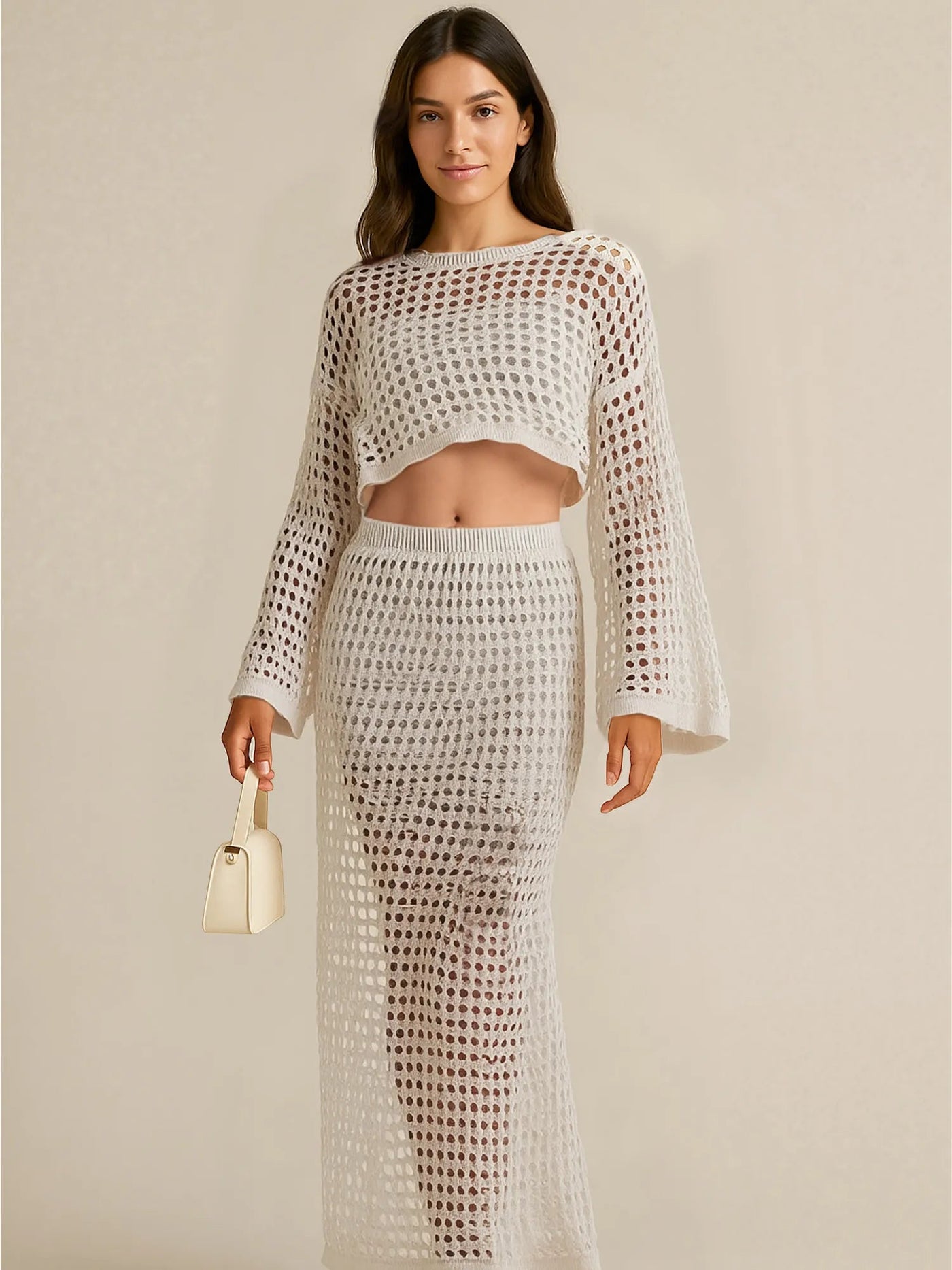 Hollow Out Long Sleeve Top and Skirt Knit Set - Style Chic Couture