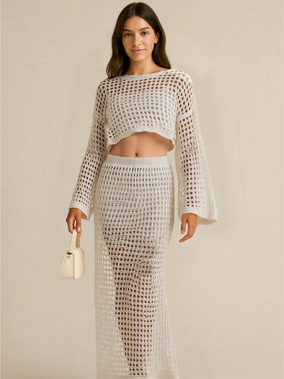 Hollow Out Long Sleeve Top and Skirt Knit Set - Style Chic Couture