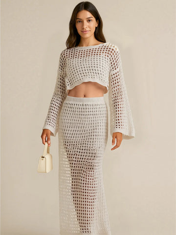 Knit Set: Hollow Out Long Sleeve Top & Skirt