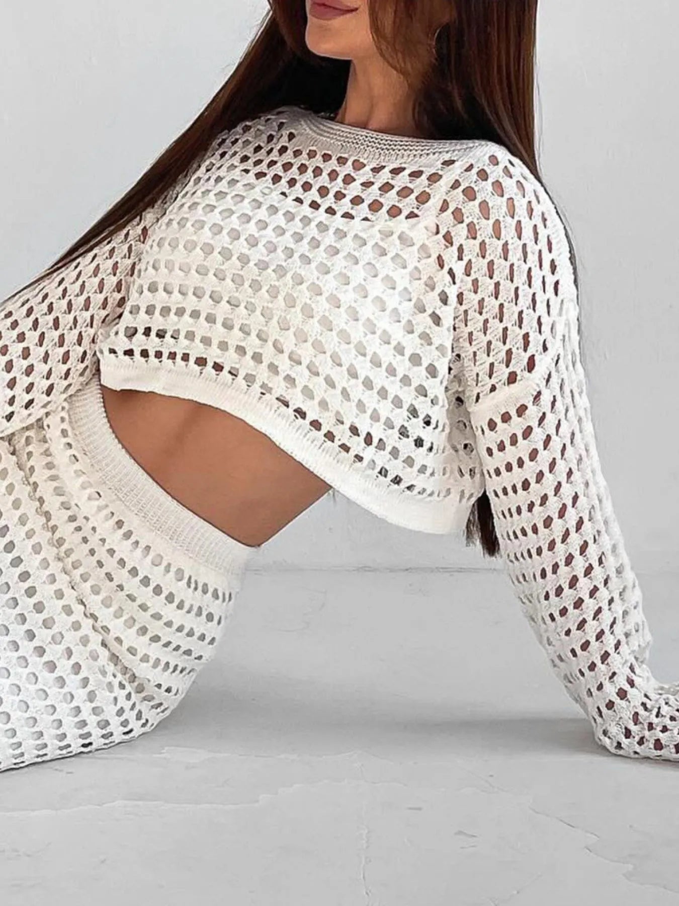 Hollow Out Long Sleeve Top and Skirt Knit Set - Style Chic Couture