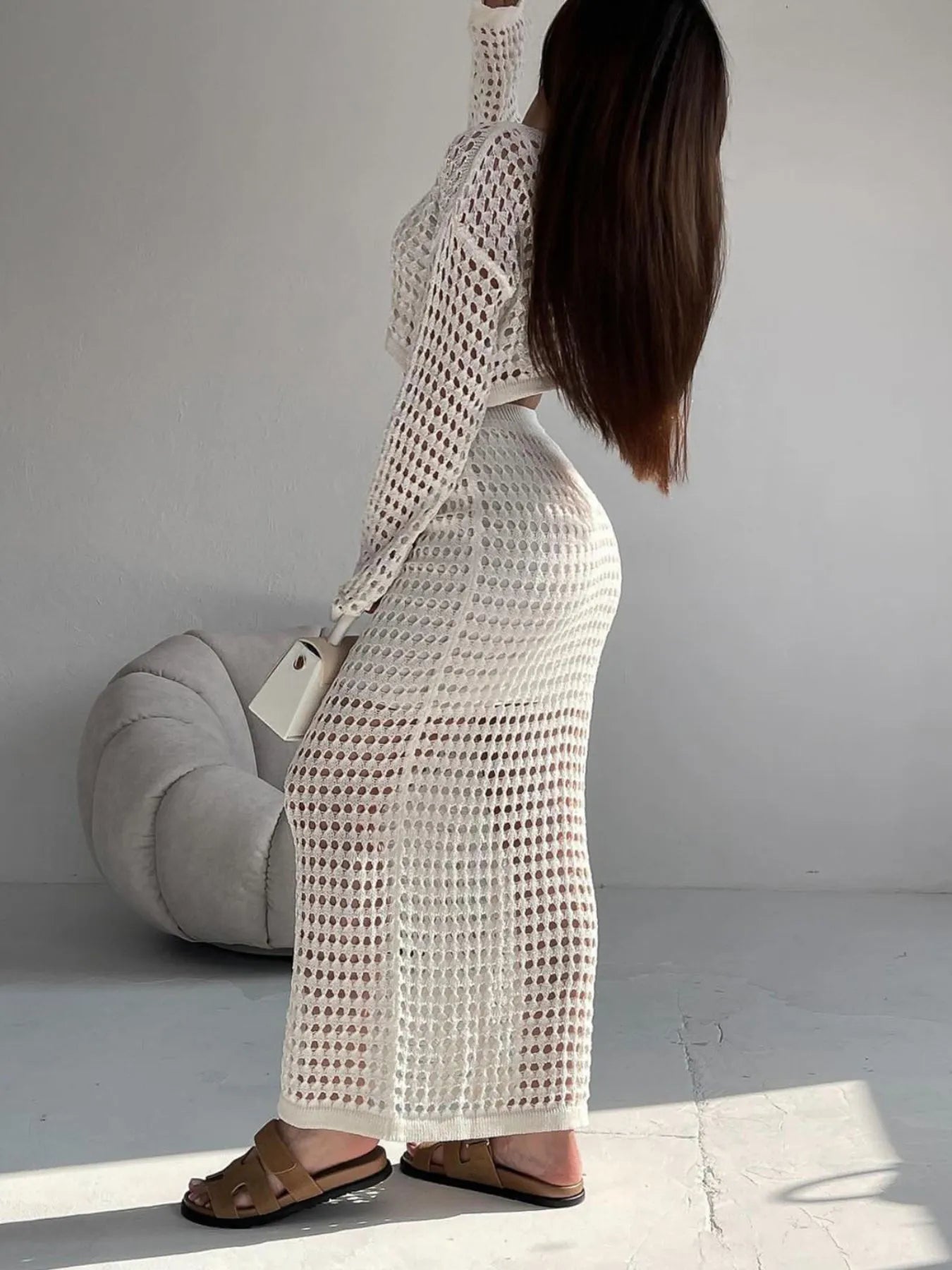 Hollow Out Long Sleeve Top and Skirt Knit Set - Style Chic Couture