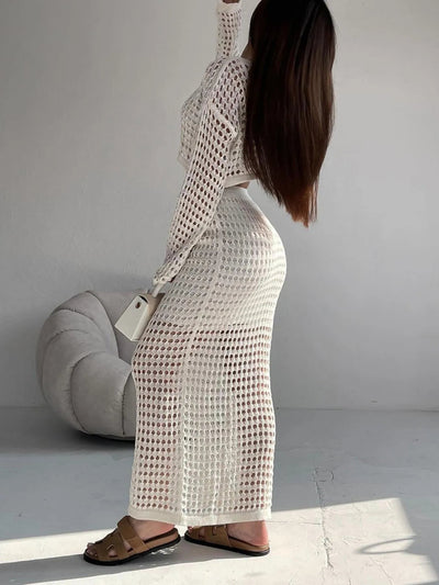 Hollow Out Long Sleeve Top and Skirt Knit Set - Style Chic Couture