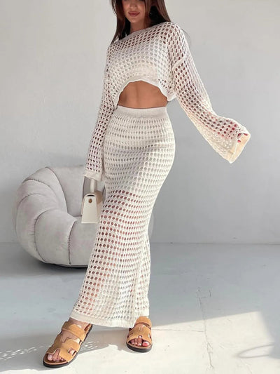 Hollow Out Long Sleeve Top and Skirt Knit Set - Style Chic Couture