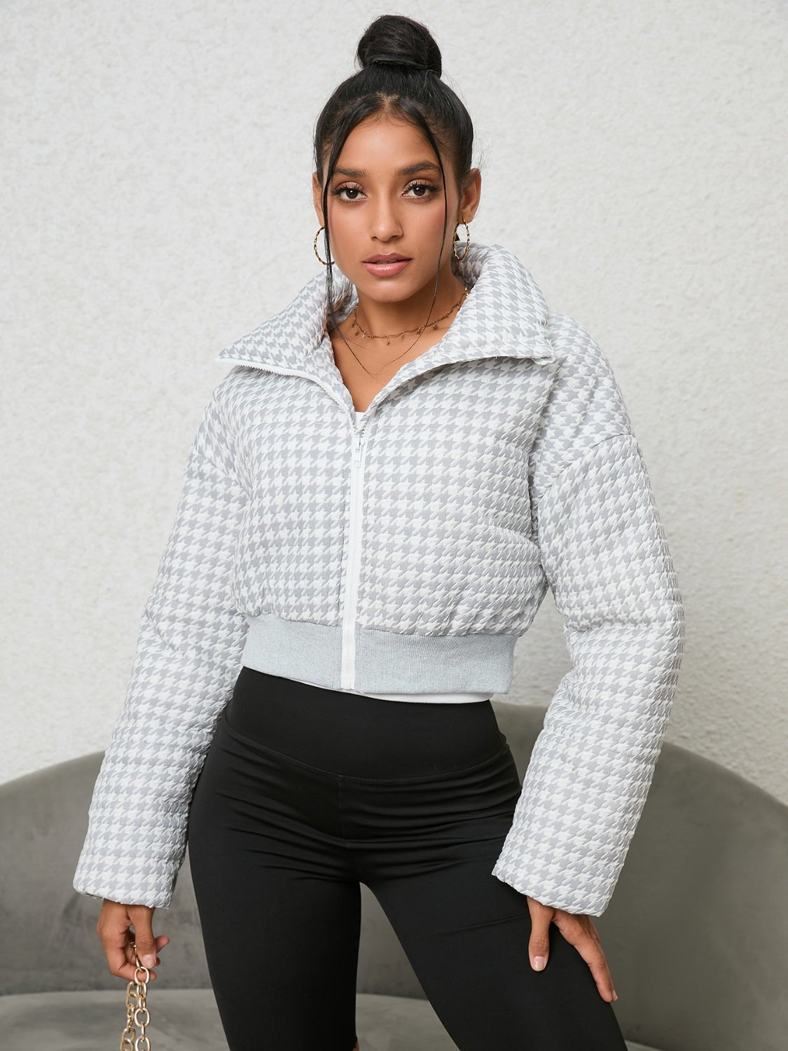 Houndstooth Zip - Up Jacket - Style Chic Couture