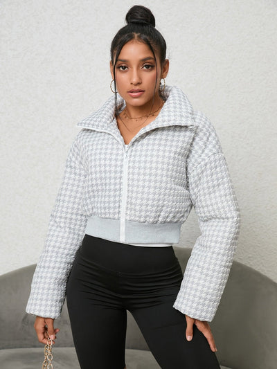 Houndstooth Zip - Up Jacket - Style Chic Couture