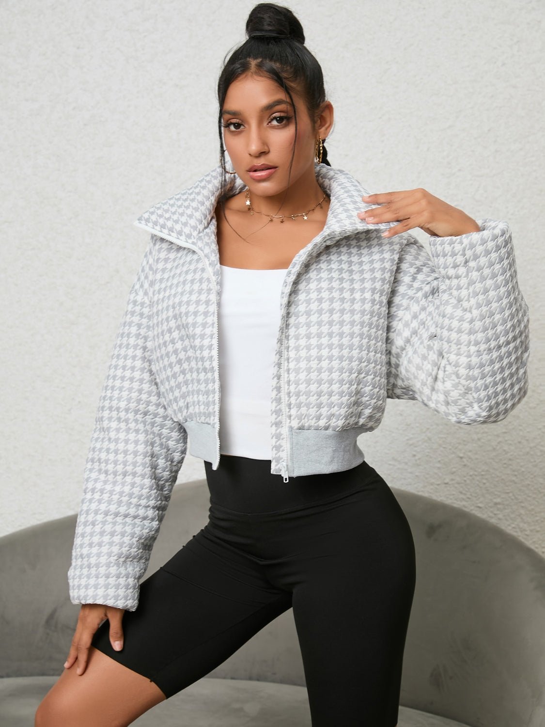 Houndstooth Zip - Up Jacket - Style Chic Couture