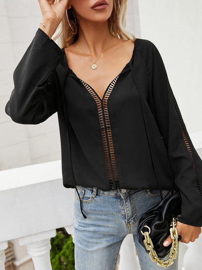 Ivy Lane Tie Neck Long Sleeve Semi - Sheer Blouse - Style Chic Couture