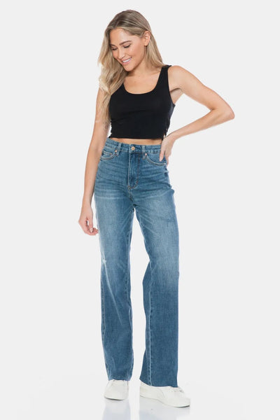 Judy Blue Full Size Tummy Control Cut Raw Hem Straight Jeans - Style Chic Couture