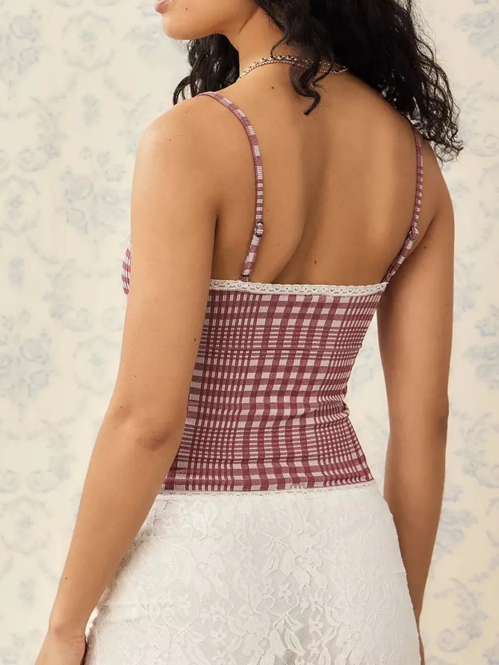 Lace Detail Plaid Square Neck Cami - Style Chic Couture