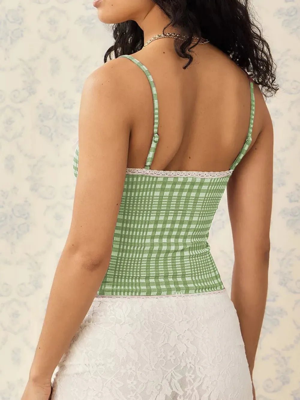 Lace Detail Plaid Square Neck Cami - Style Chic Couture