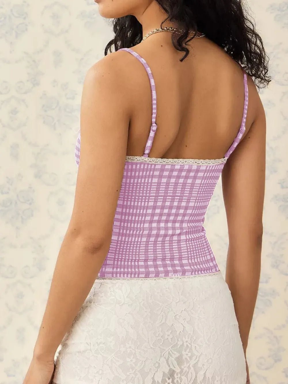 Lace Detail Plaid Square Neck Cami - Style Chic Couture