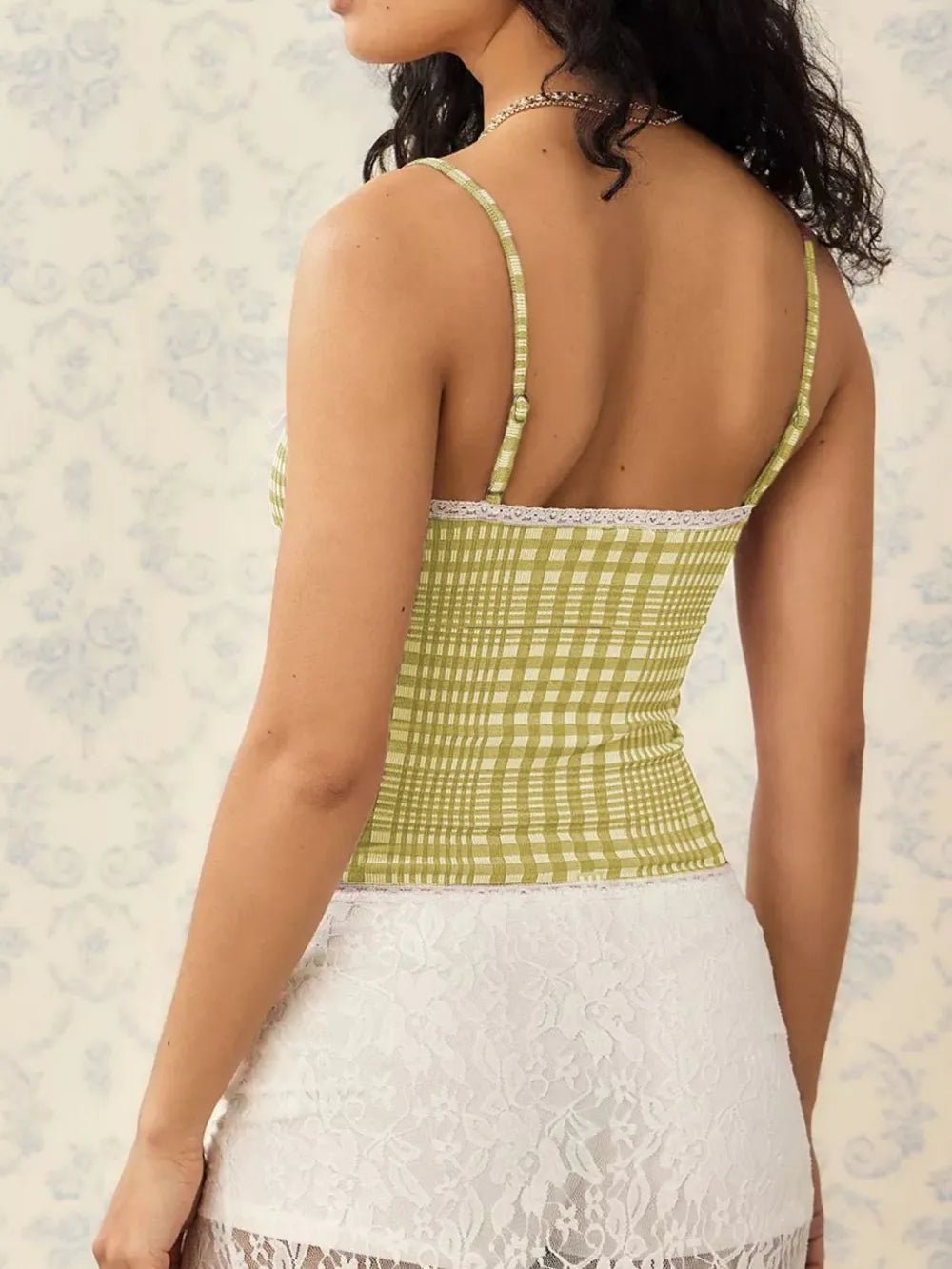 Lace Detail Plaid Square Neck Cami - Style Chic Couture