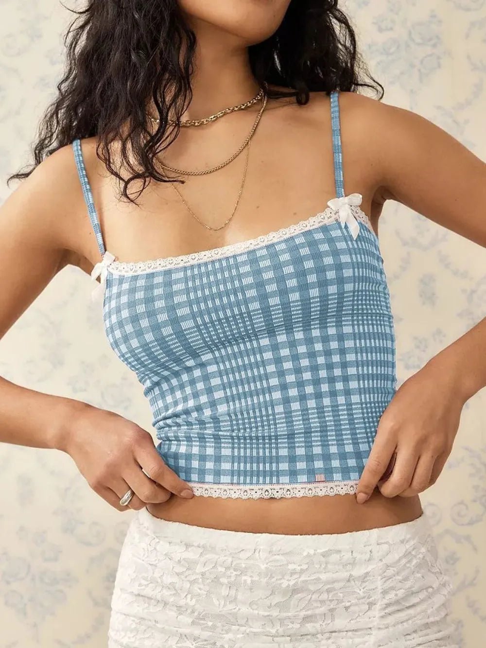 Lace Detail Plaid Square Neck Cami - Style Chic Couture