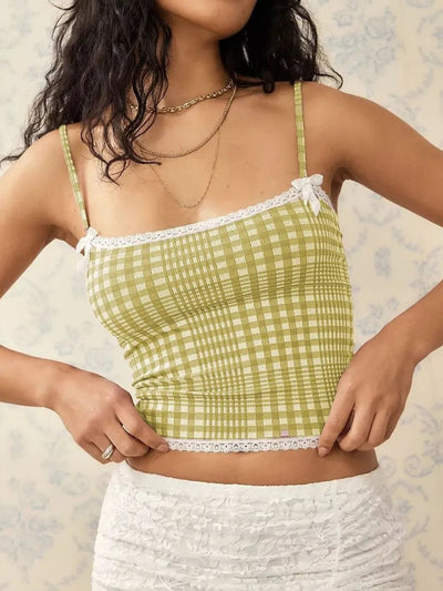 Lace Detail Plaid Square Neck Cami - Style Chic Couture