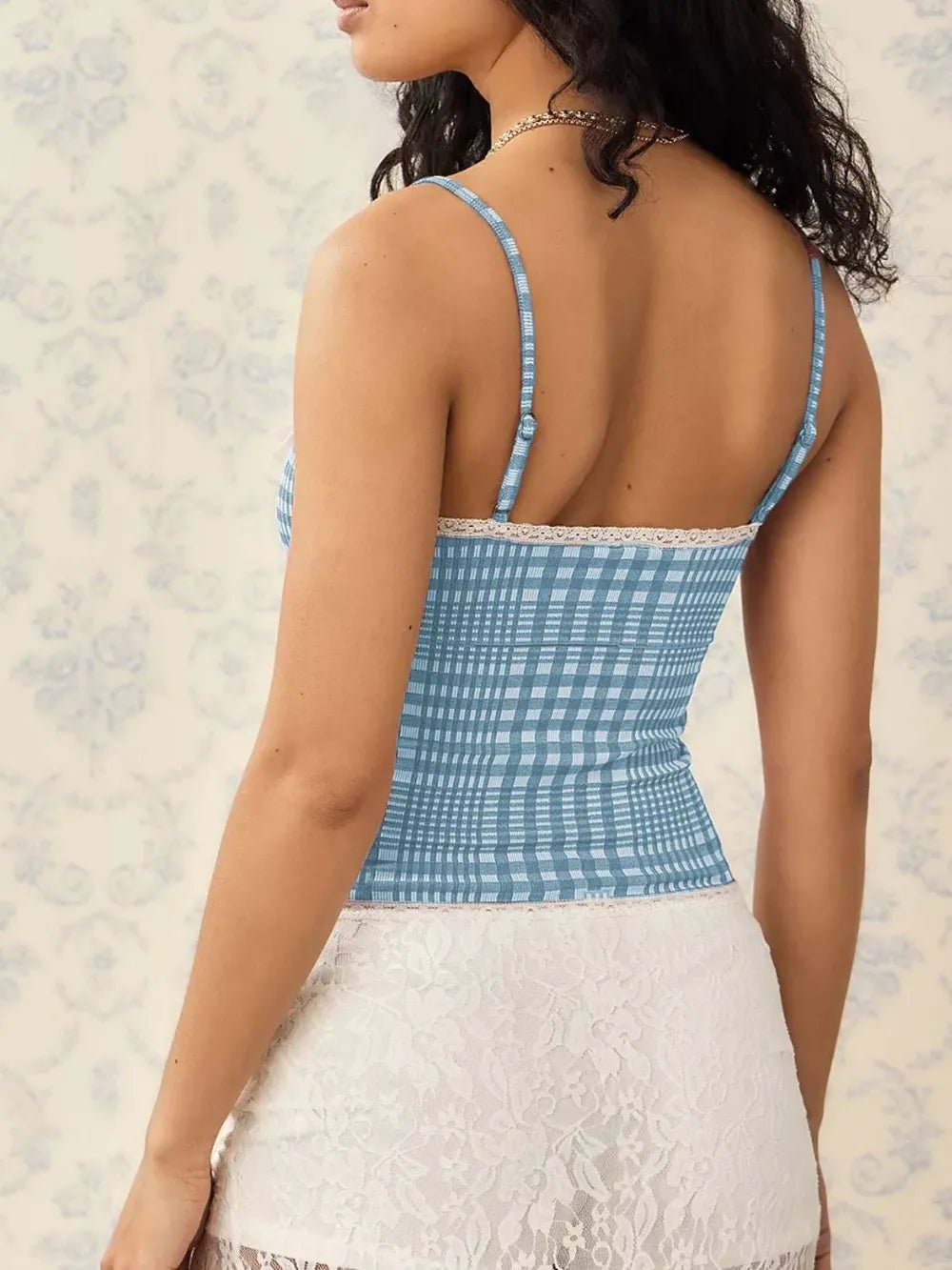 Lace Detail Plaid Square Neck Cami - Style Chic Couture