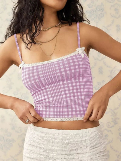 Lace Detail Plaid Square Neck Cami - Style Chic Couture