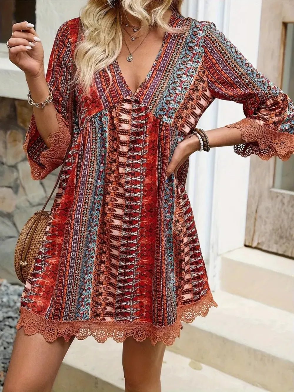 Lace Trim Printed V - Neck 3/4 Sleeve Dress - Style Chic Couture