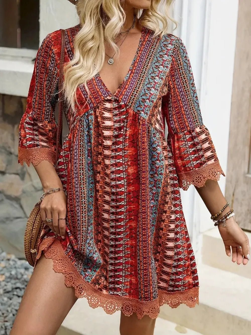 Lace Trim Printed V - Neck 3/4 Sleeve Dress - Style Chic Couture