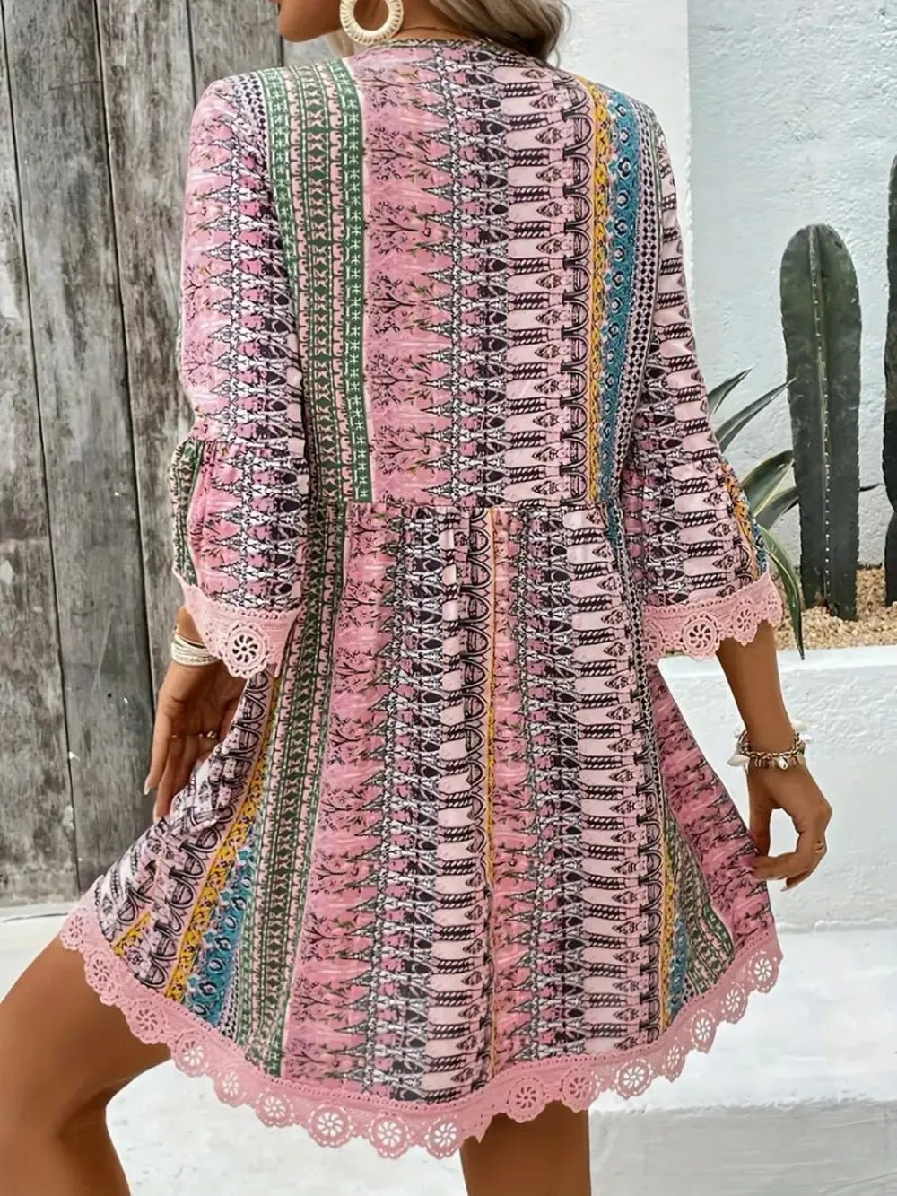 Lace Trim Printed V - Neck 3/4 Sleeve Dress - Style Chic Couture