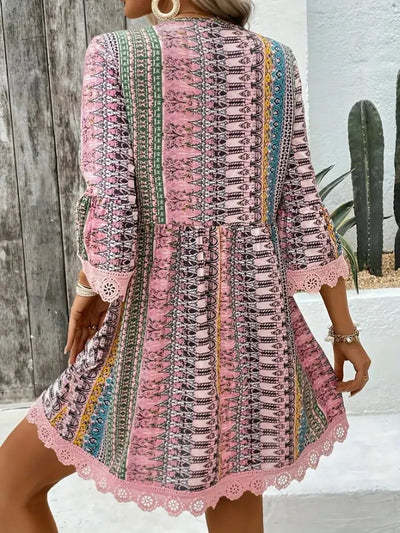 Lace Trim Printed V - Neck 3/4 Sleeve Dress - Style Chic Couture