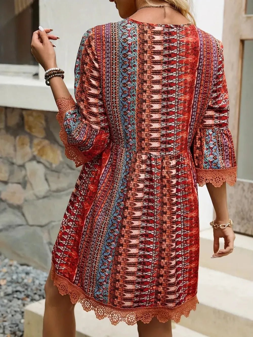 Lace Trim Printed V - Neck 3/4 Sleeve Dress - Style Chic Couture