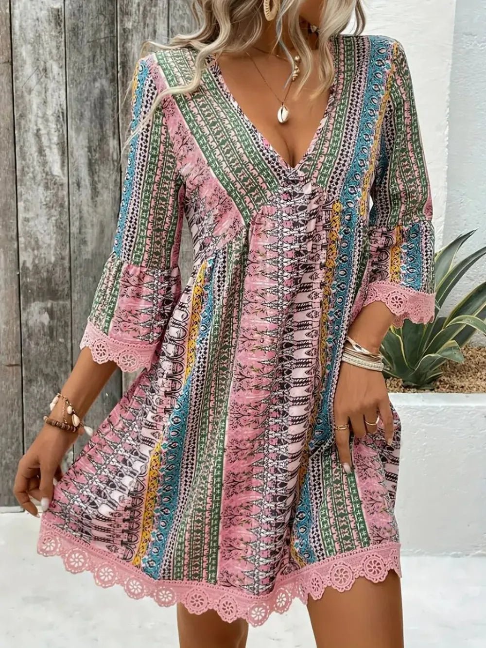 Lace Trim Printed V - Neck 3/4 Sleeve Dress - Style Chic Couture