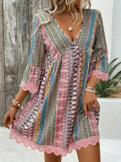 Lace Trim Printed V - Neck 3/4 Sleeve Dress - Style Chic Couture