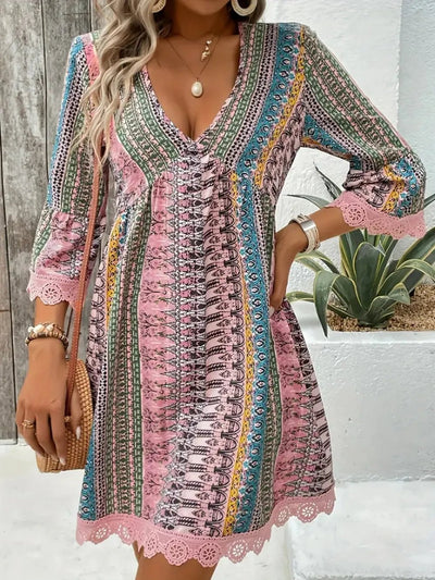 Lace Trim Printed V - Neck 3/4 Sleeve Dress - Style Chic Couture