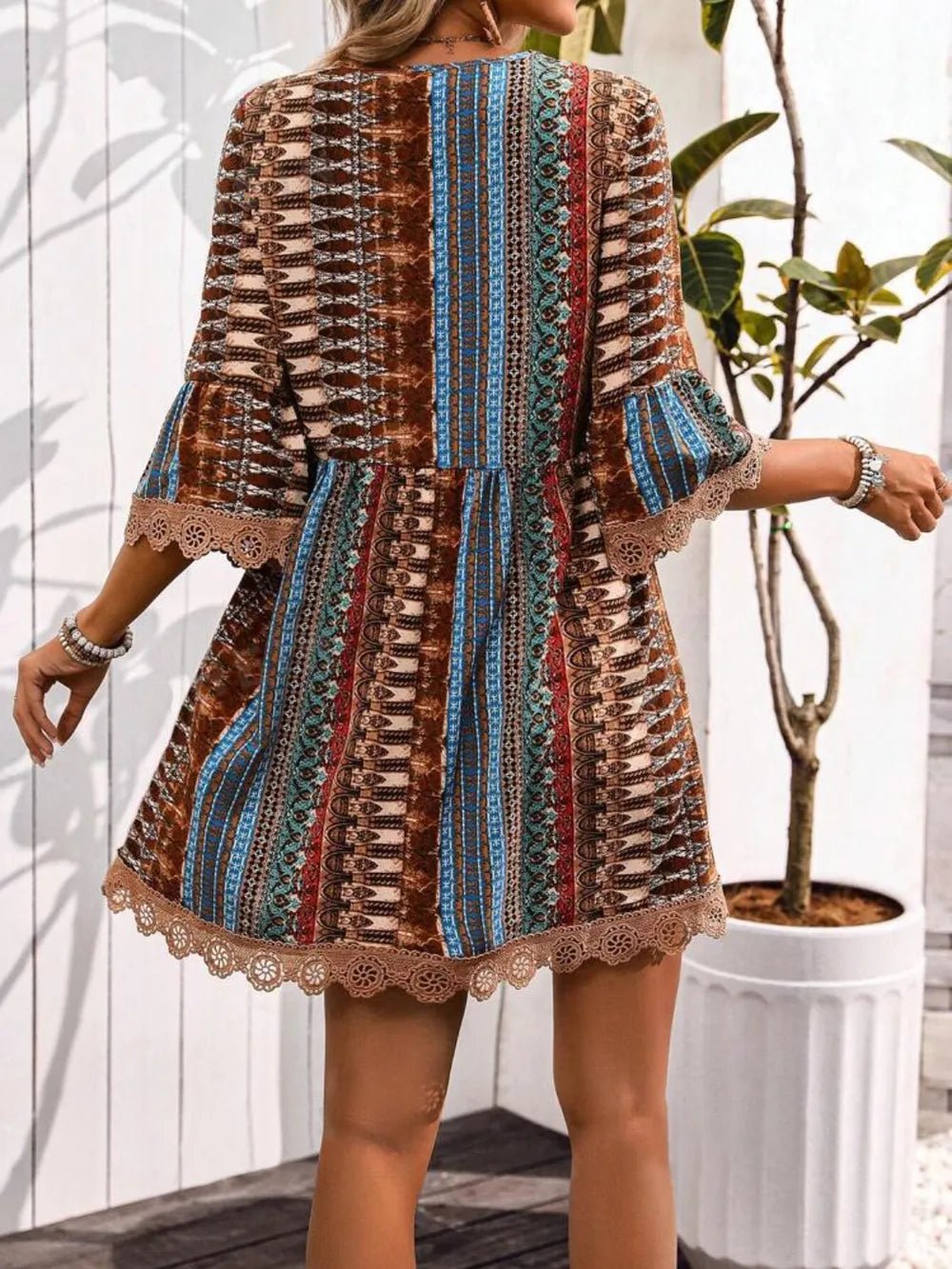 Lace Trim Printed V - Neck 3/4 Sleeve Dress - Style Chic Couture