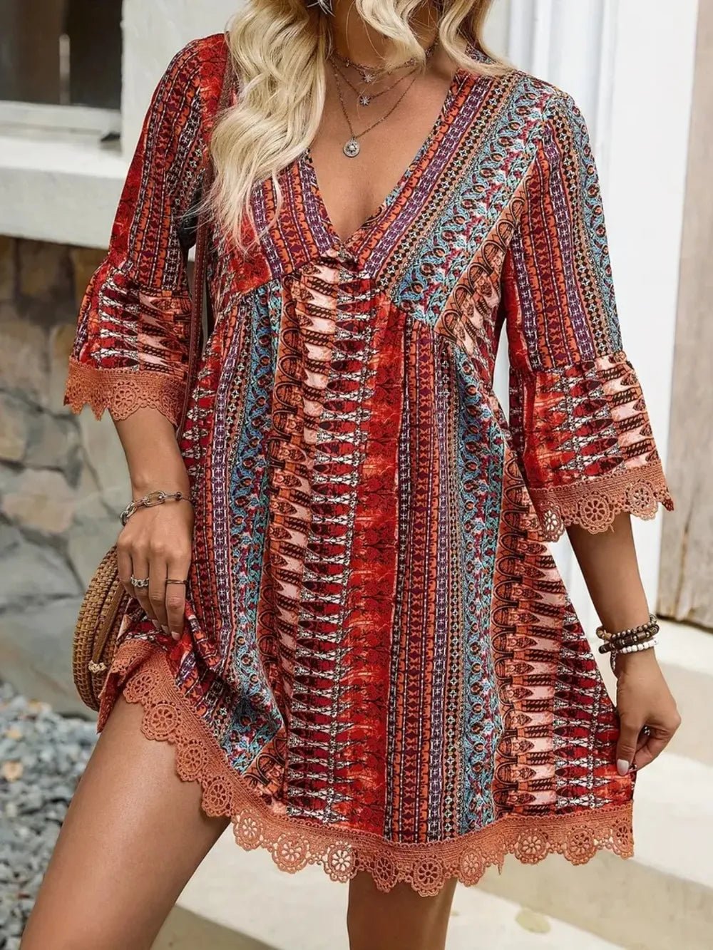 Lace Trim Printed V - Neck 3/4 Sleeve Dress - Style Chic Couture