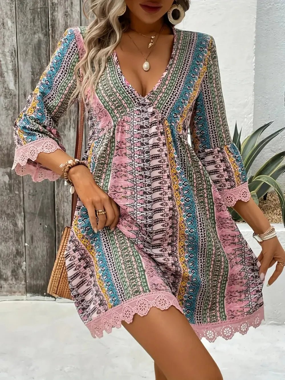 Lace Trim Printed V - Neck 3/4 Sleeve Dress - Style Chic Couture