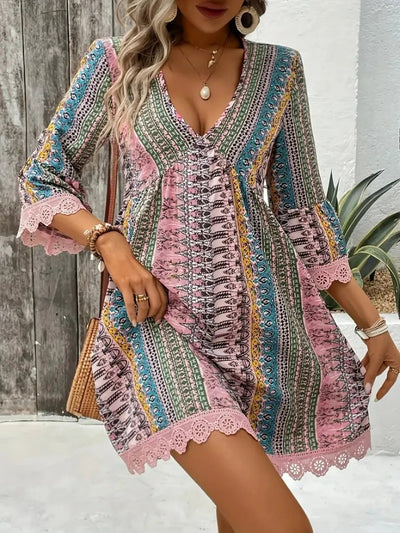 Lace Trim Printed V - Neck 3/4 Sleeve Dress - Style Chic Couture