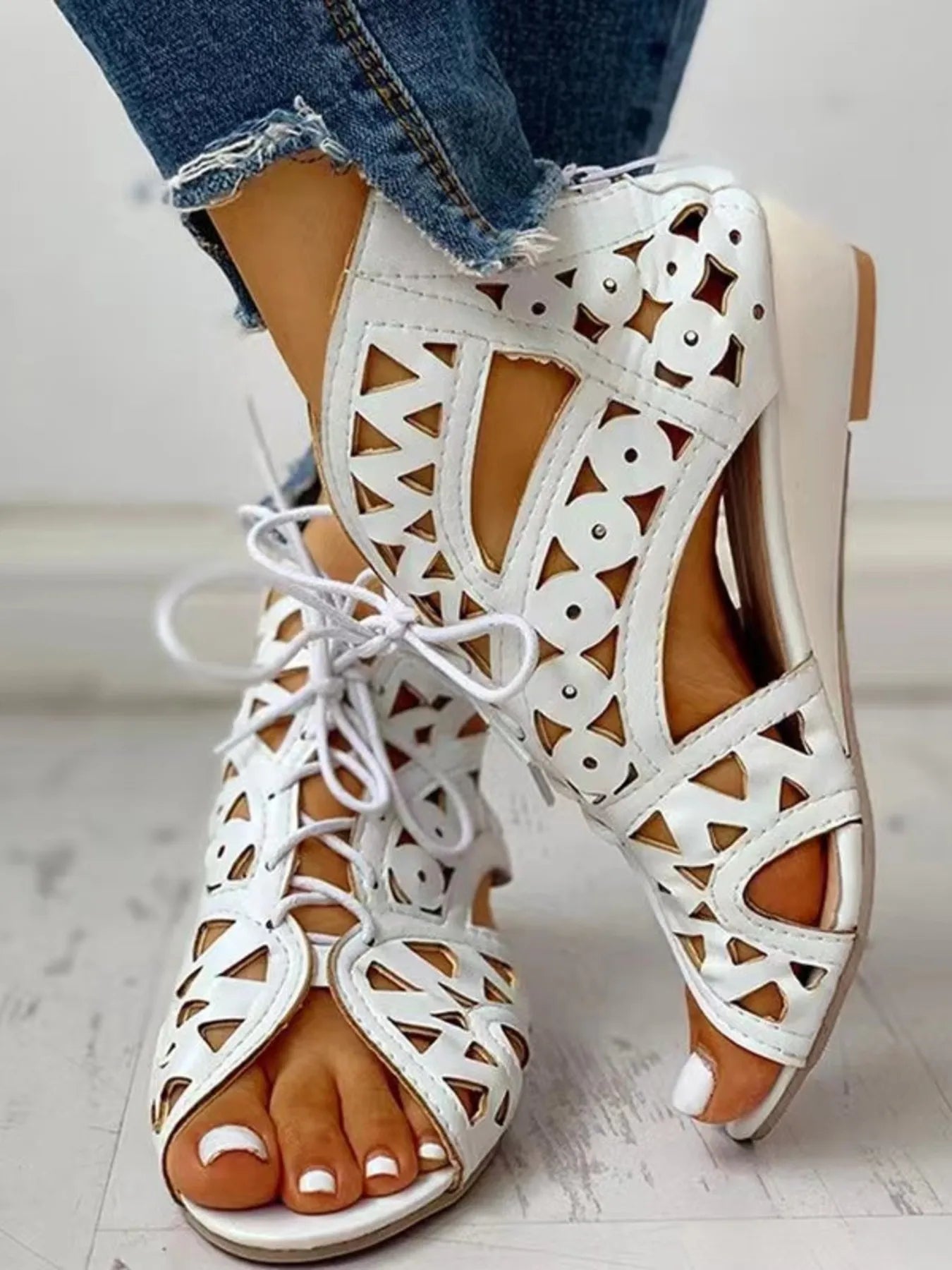 Lace - Up Geometric Cutout Sandals - Style Chic Couture
